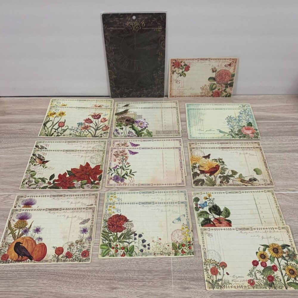 Graphic 45 Time To Flourish Journaling And Ephemera 4x6 Cards Incomplete Set